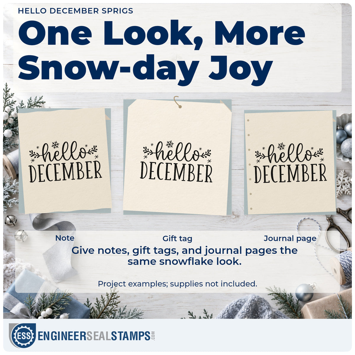 Three project examples made with the Hello December Sprigs Hand Stamp – Duo, including planner spread header.