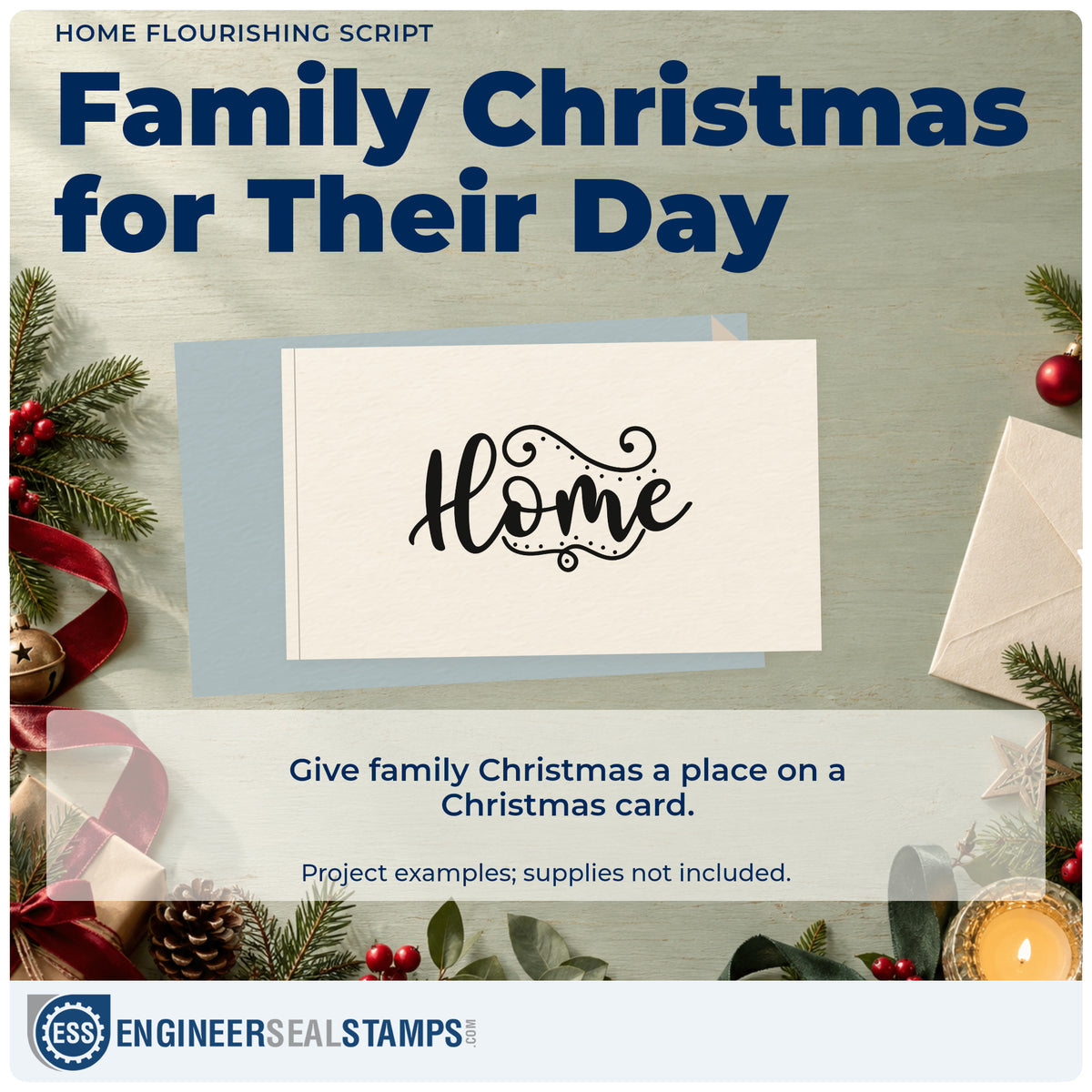 A finished handmade project stamped with the Home Flourishing Script Lettering Self-Inking Stamp, ideal for house album plate.