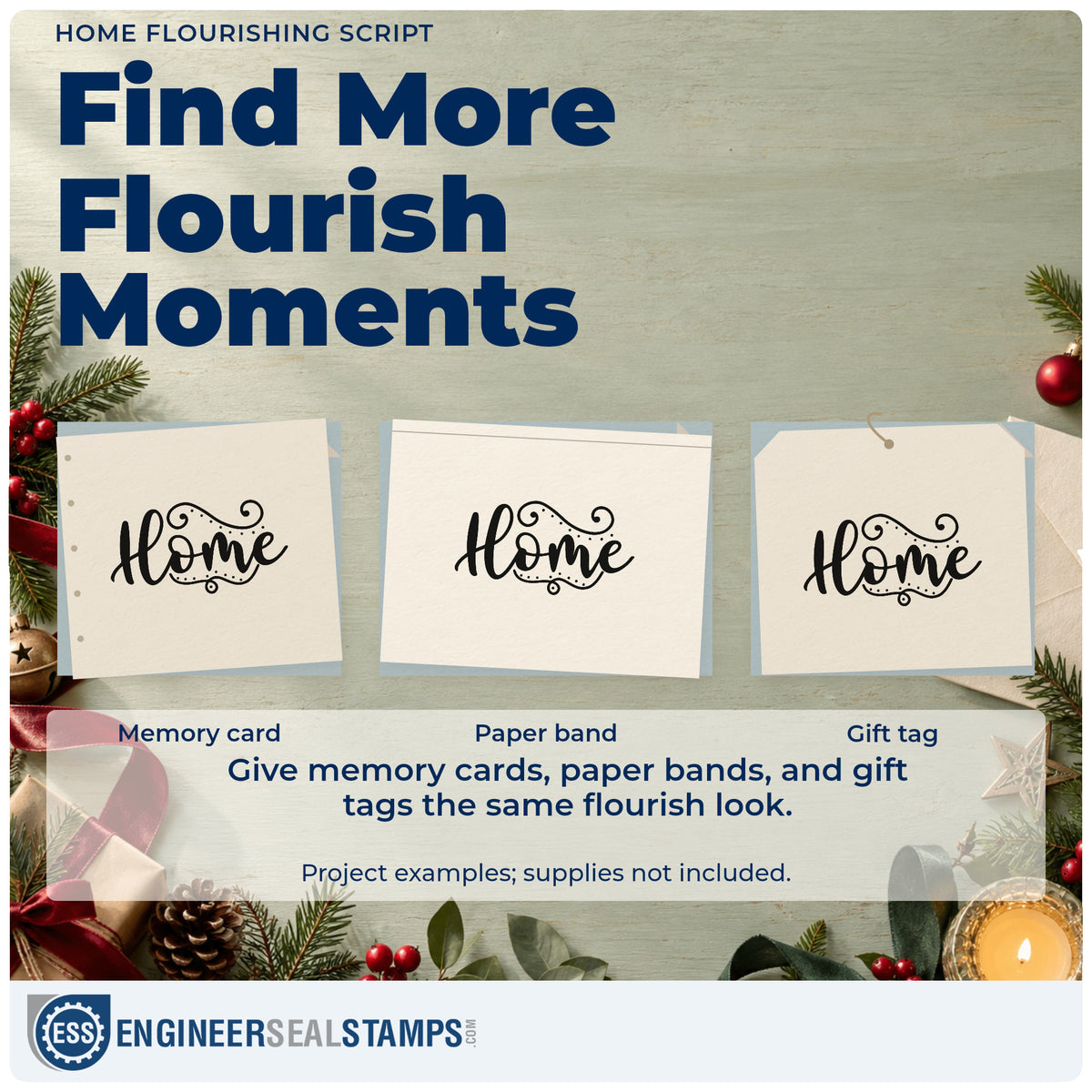 Three project examples made with the Home Flourishing Script Lettering Self-Inking Stamp, including address book header.