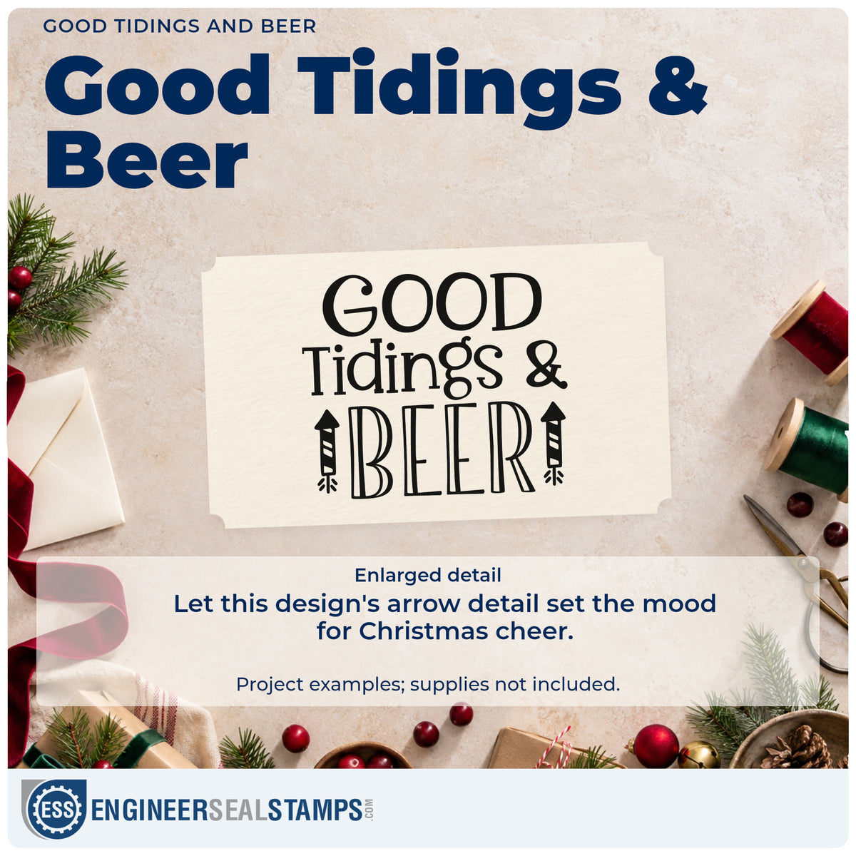 Enlarged detail of the Good Tidings And Beer Premium Wood-Mounted Stamp – Vintage Pro imprint. “Good Tidings & Beer” appears with two striped upward-pointing decorative arrows.