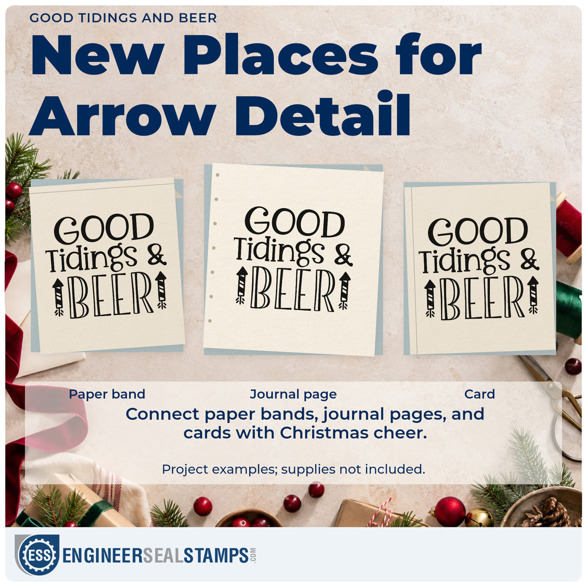 Three project examples made with the Good Tidings And Beer Hand Stamp – Duo, including fermentation sheet.