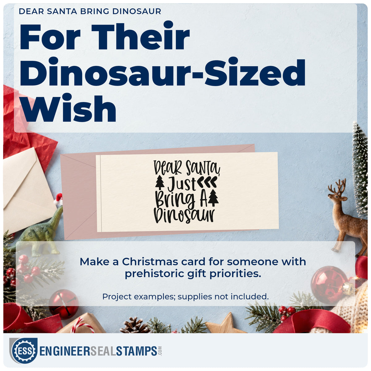 A finished handmade project stamped with the Dear Santa Bring Dinosaur Rubber Stamp – Duo Hand, ideal for dino album page.