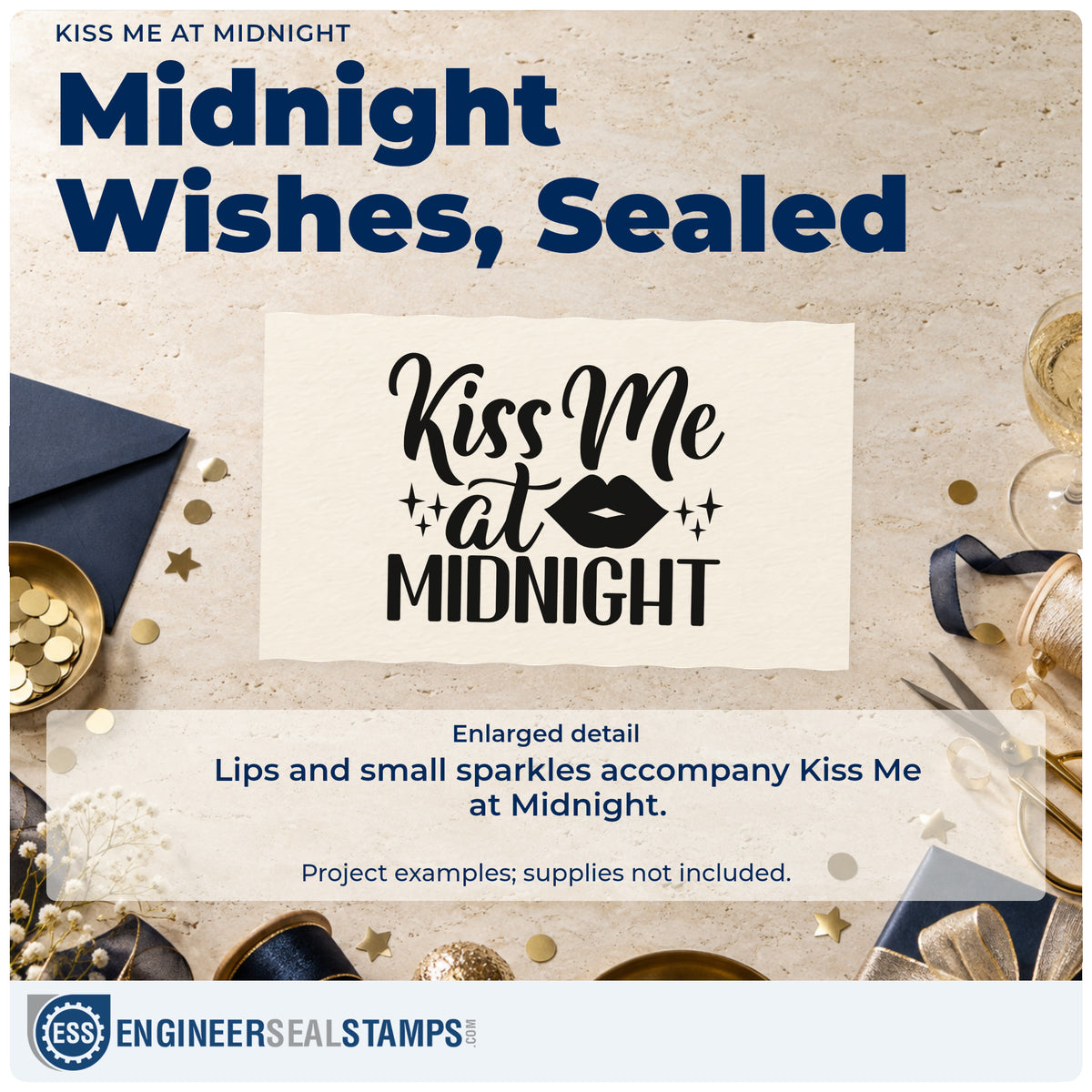 Enlarged detail of the Vintage Pro Kiss Me At Midnight Premium Wooden Stamp imprint. “Kiss Me at Midnight” features a pair of lips and small sparkles.