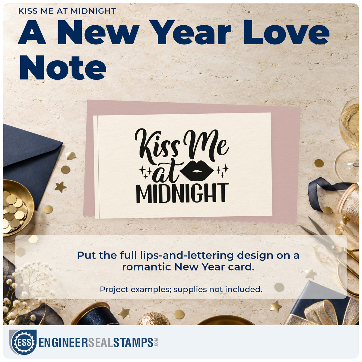 A finished handmade project stamped with the Kiss Me At Midnight Stamp – Self-Inking, ideal for sparkles cards.