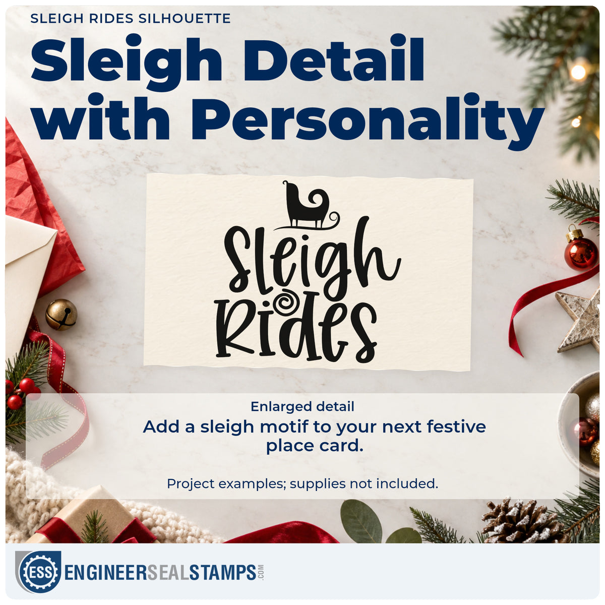 Enlarged detail of the Sleigh Rides Silhouette Script Lettering Wood Handle Stamp imprint. “Sleigh Rides” appears in large script beneath a small sleigh silhouette.