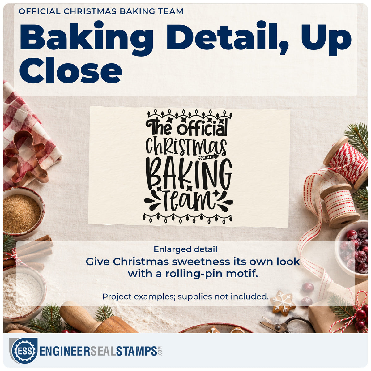 Enlarged detail of the The Official Christmas Baking Team Hand Stamp – Duo imprint. “The Official Christmas Baking Team” features hanging lights, stars, a rolling pin, and decorative strokes.