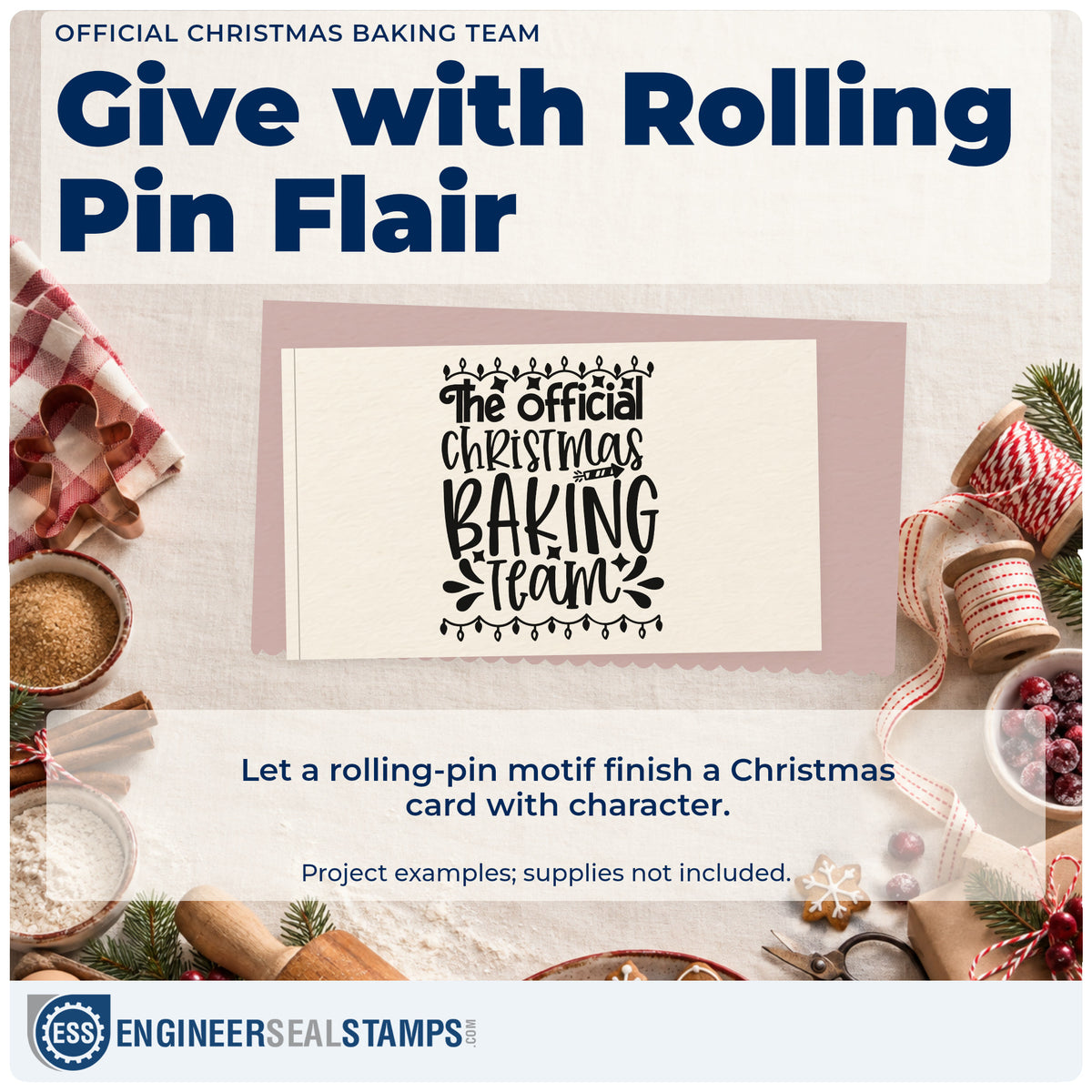 A finished handmade project stamped with the The Official Christmas Baking Team Self-Inking Stamp, ideal for team roster album.