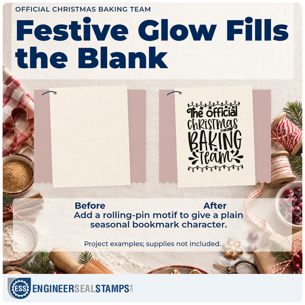 Before and after of a plain item finished with the The Official Christmas Baking Team Hand Stamp – Duo, a quick upgrade for framed kitchen entry.