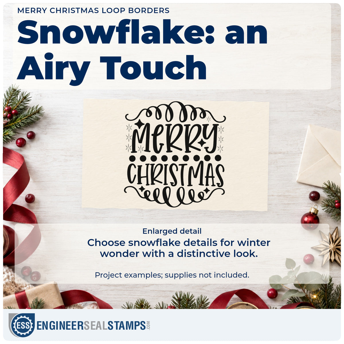 Enlarged detail of the Merry Christmas Loop Borders Snowflakes Stamp – Duo Hand imprint. “Merry Christmas” appears between looping flourishes with a dotted divider and fine snowflakes.