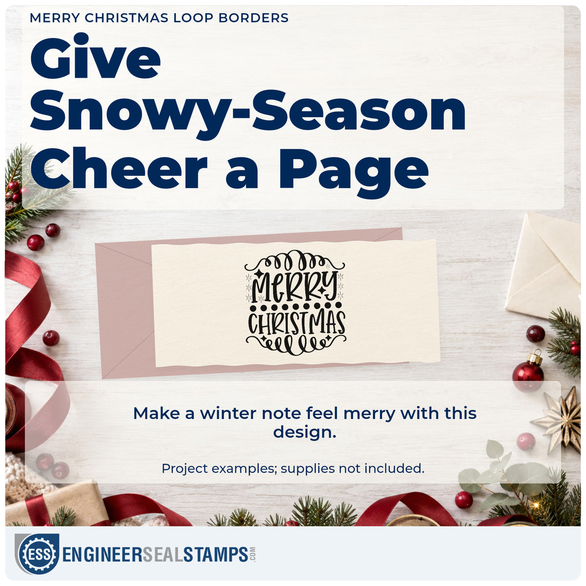 A finished handmade project stamped with the Merry Christmas Loop Borders Snowflakes Pre-Inked Stamp – PSI, ideal for fine line album page.