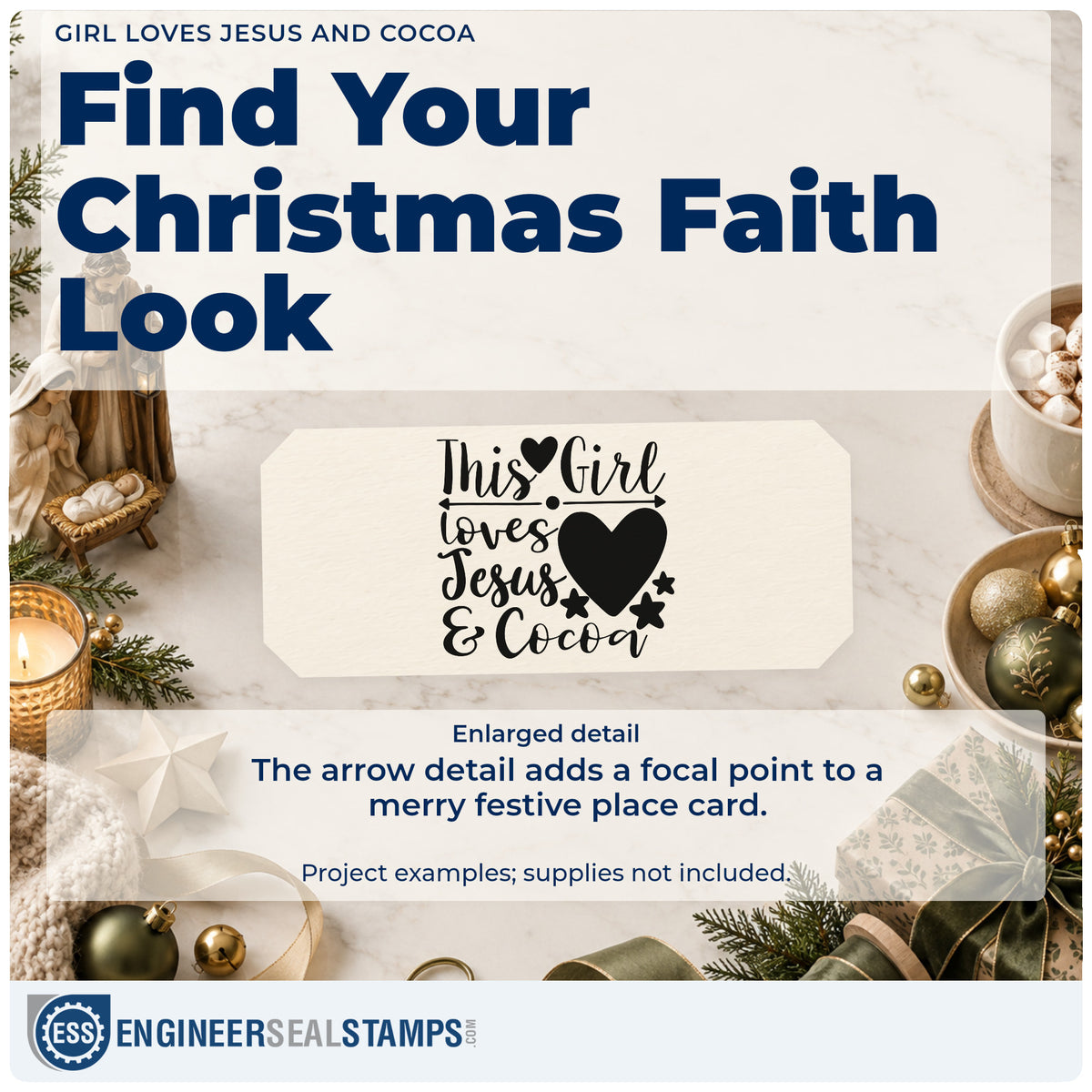 Enlarged detail of the This Girl Loves Jesus & Cocoa Stamp – Self-Inking imprint. “This Girl Loves Jesus & Cocoa” appears with hearts, stars, and a horizontal arrow.
