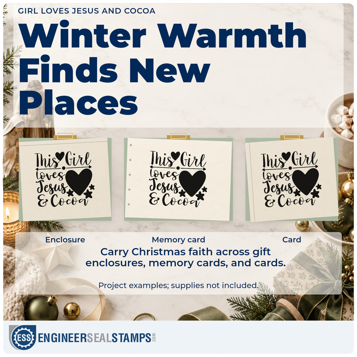 Three project examples made with the This Girl Loves Jesus & Cocoa Stamp – Self-Inking, including cocoa mix gift tags.