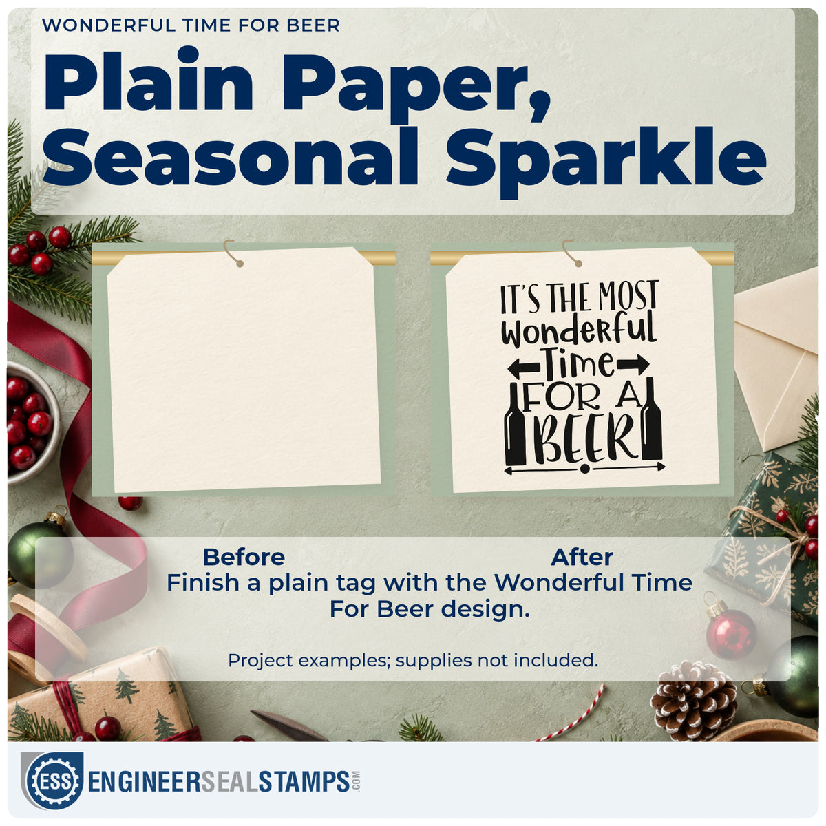 Before and after of a plain item finished with the Wonderful Time For Beer Self-Inking Stamp, a quick upgrade for framed garage fridge.