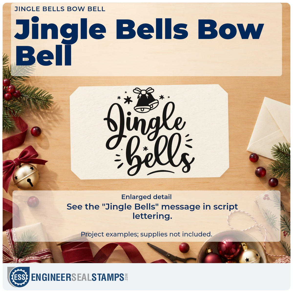 Enlarged detail of the Jingle Bells Bow Bell With Stars Pre-Inked Stamp – PSI imprint. “Jingle Bells” appears in thick script beneath a bow-topped bell with stars and accent rays.