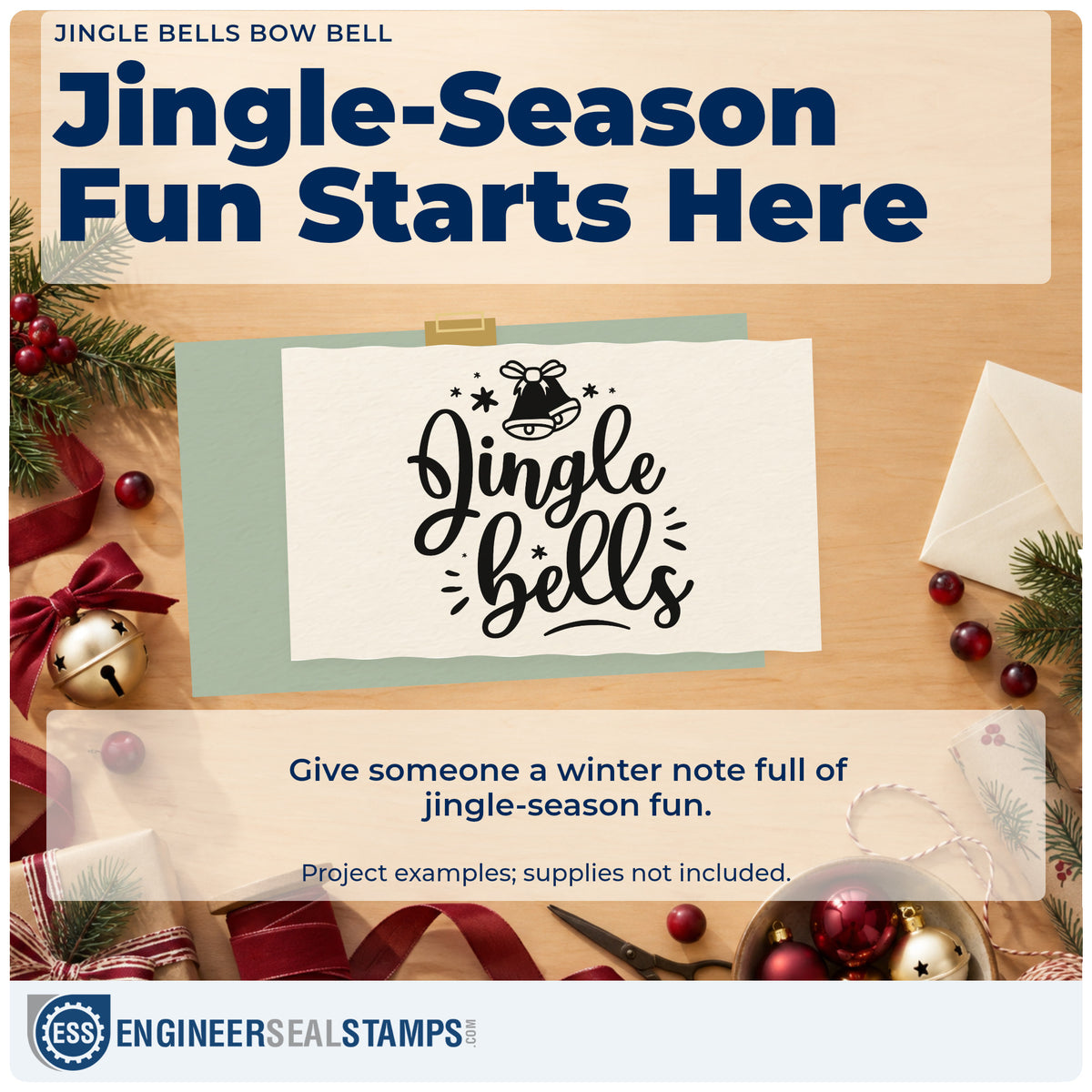 A finished handmade project stamped with the Jingle Bells Bow Bell With Stars Pre-Inked Stamp – PSI, ideal for topper album page.