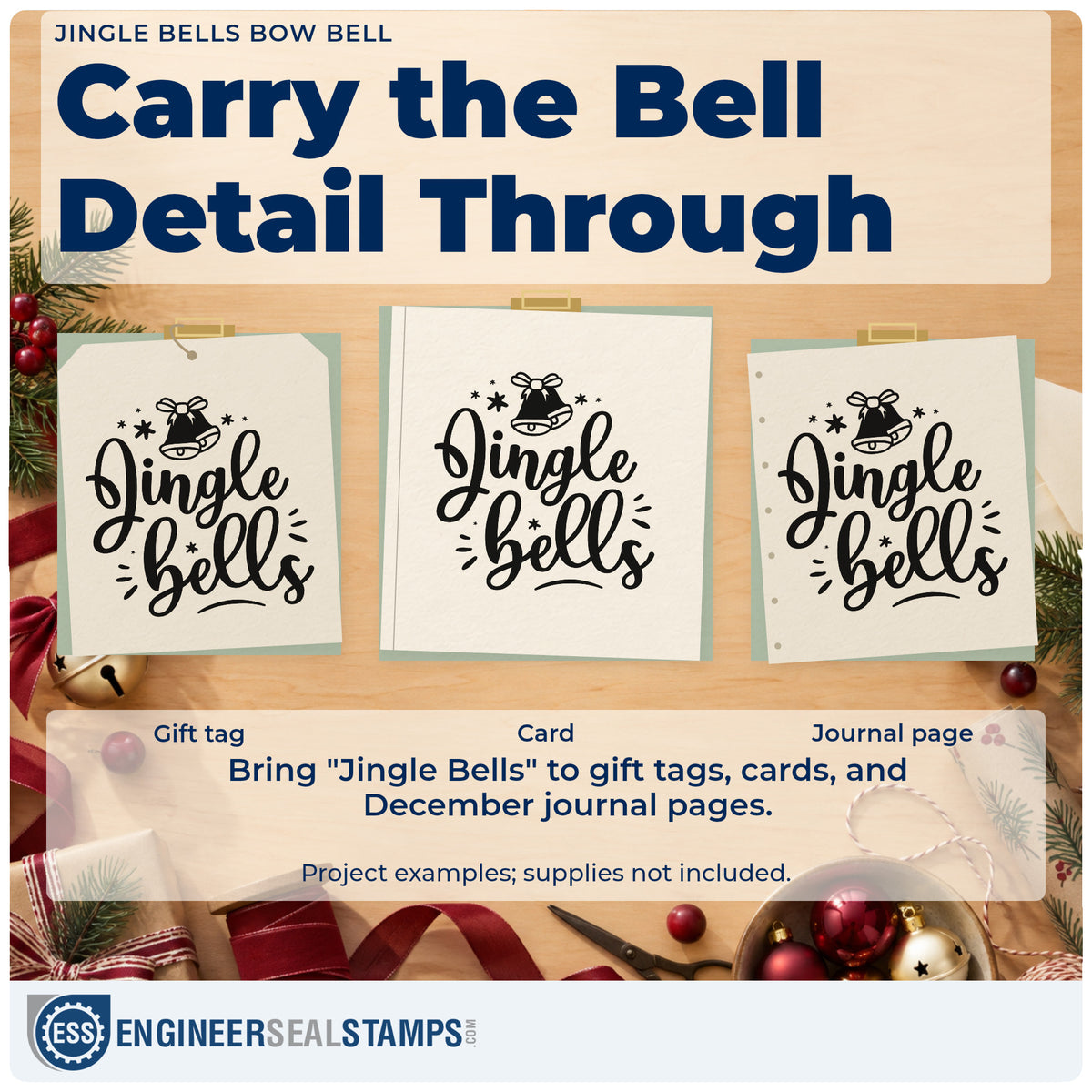 Three project examples made with the Jingle Bells Bow Bell With Stars Pre-Inked Stamp – PSI, including craft count sheet.