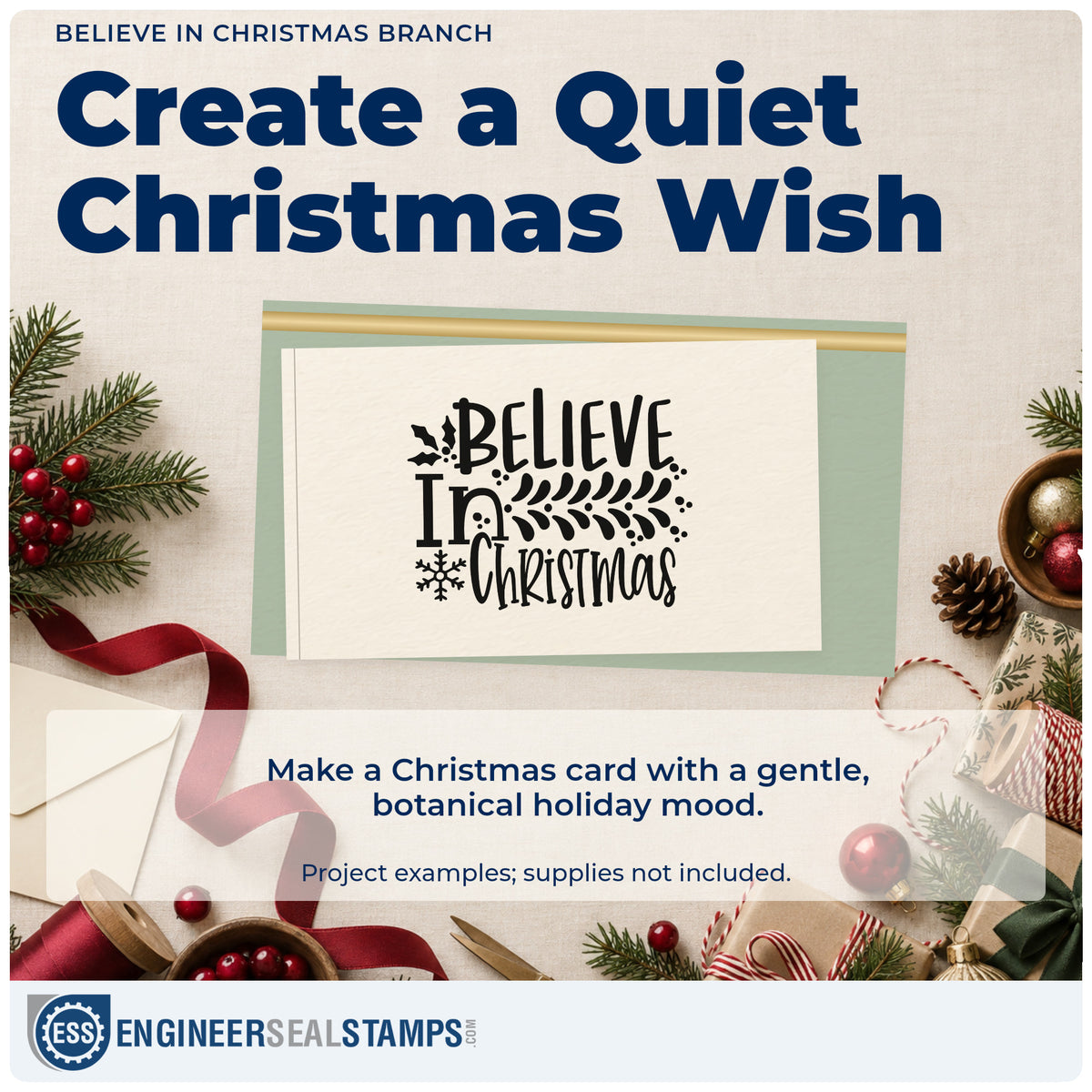 A finished handmade project stamped with the Pre-Inked Believe In Christmas Branch Stamp – PSI, ideal for sermon series album.