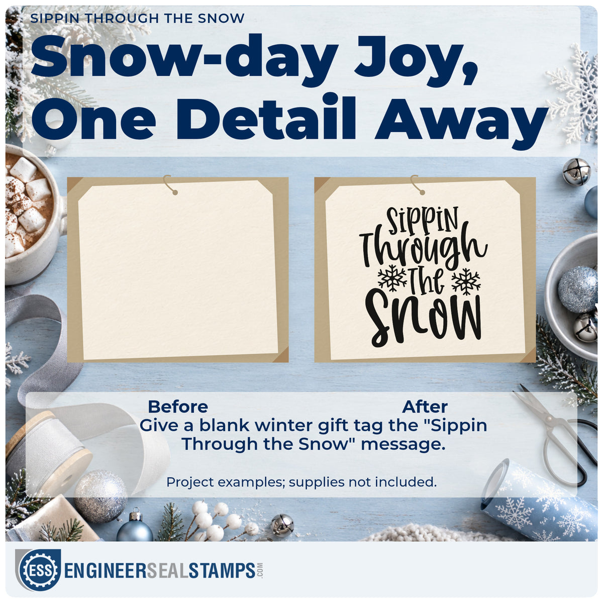 Before and after of a plain item finished with the Sippin Through The Snow Snowflakes Self-Inking Stamp, a quick upgrade for framed patio wall.