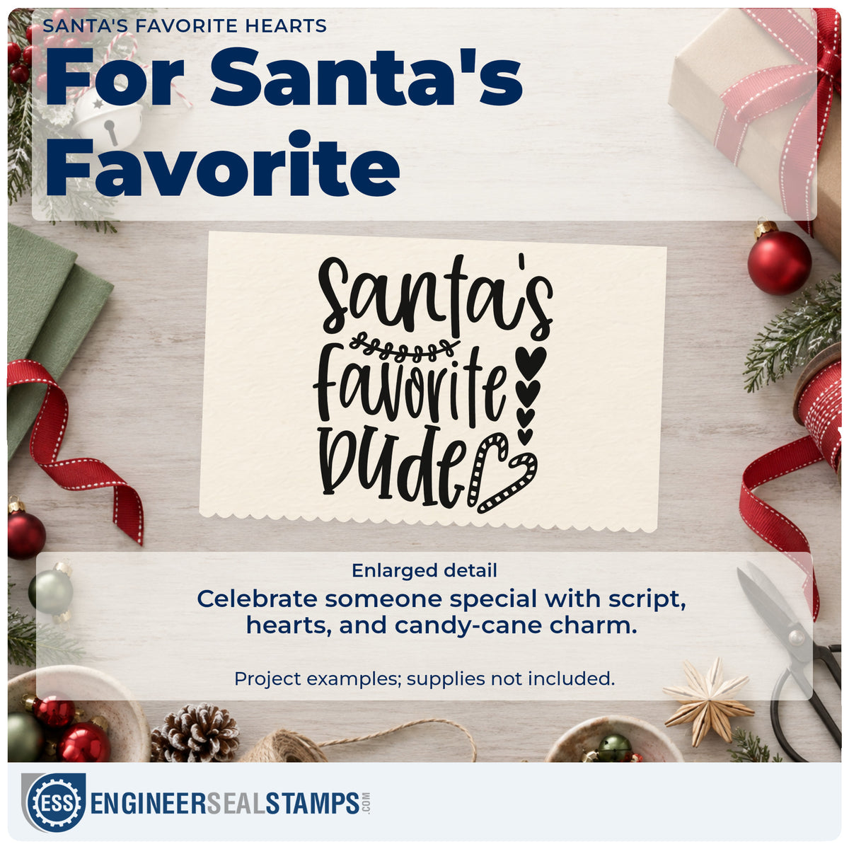Enlarged detail of the Santa's Favorite Wife Hearts Duo Hand Stamp imprint. “Santa's Favorite Wife” appears in large script with a curled flourish, stacked hearts, and a heart-shaped candy cane.