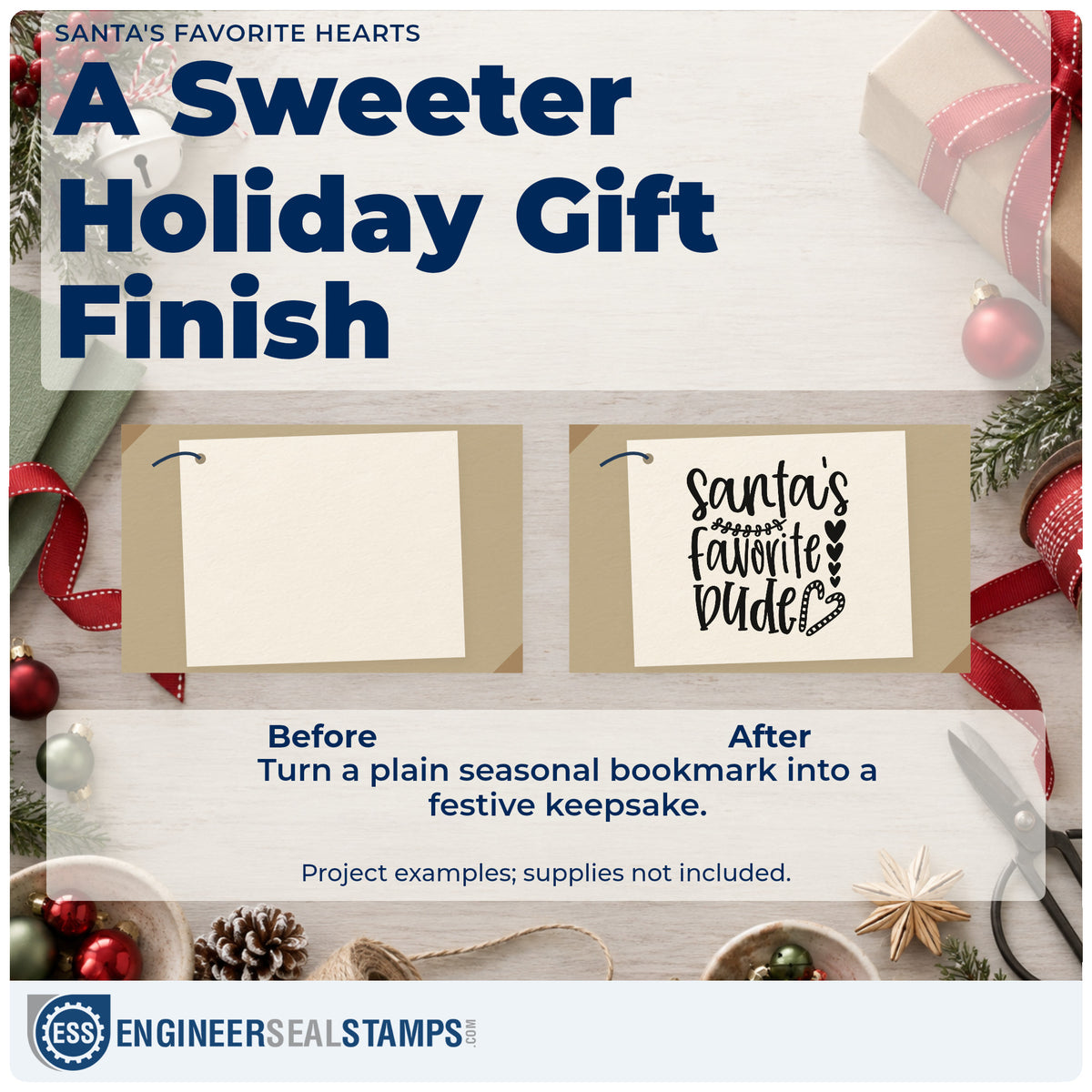 Before and after of a plain item finished with the Santa's Favorite Wife Hearts Duo Hand Stamp, a quick upgrade for framed dresser top.