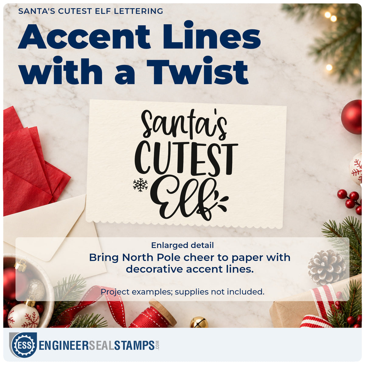 Enlarged detail of the Santa's Cutest Elf Rubber Stamp – Duo Hand imprint. The words "Santa's cutest elf" appear with a snowflake and small decorative strokes.
