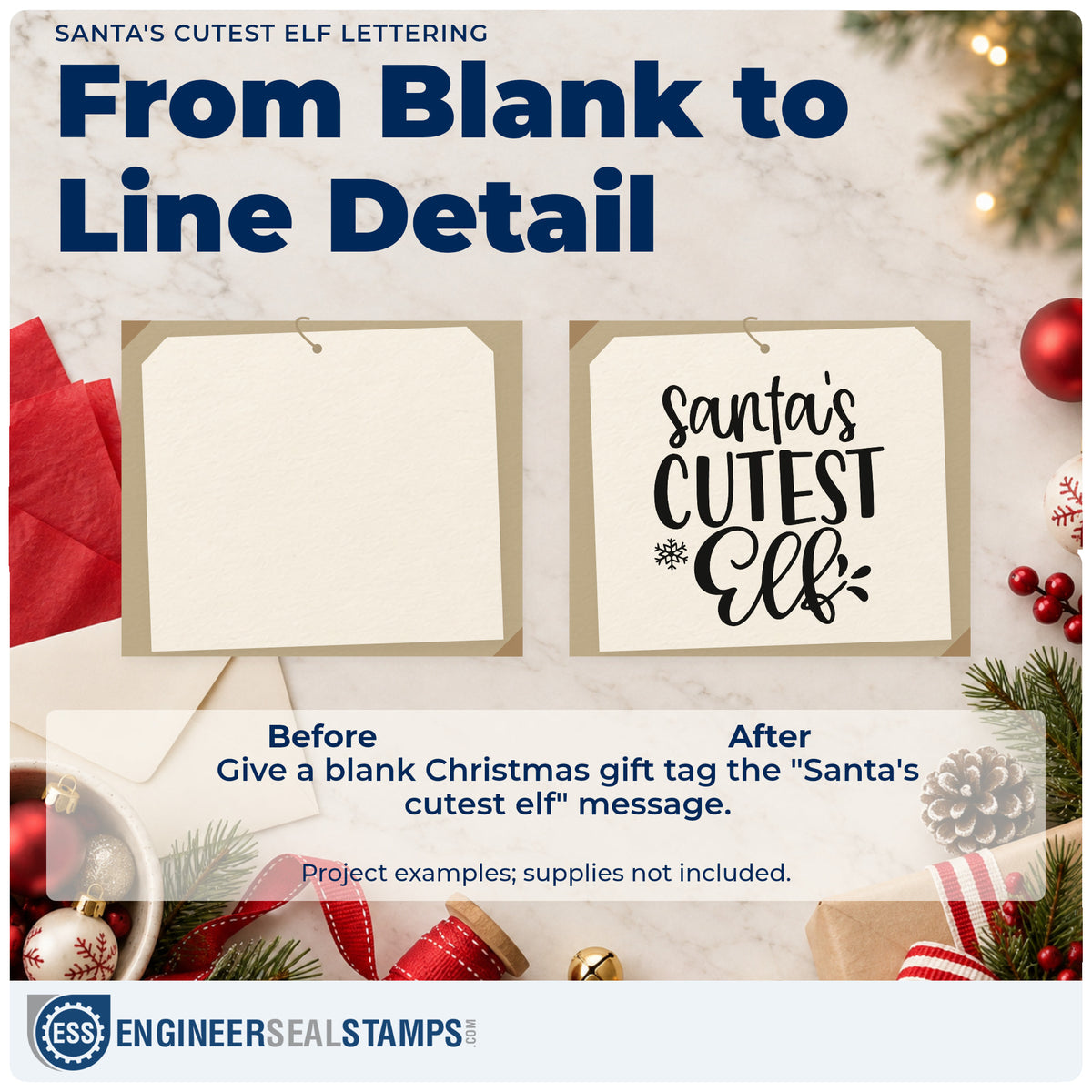 Before and after of a plain item finished with the Santa's Cutest Elf Pre-Inked Stamp – PSI, a quick upgrade for classroom holiday treats.