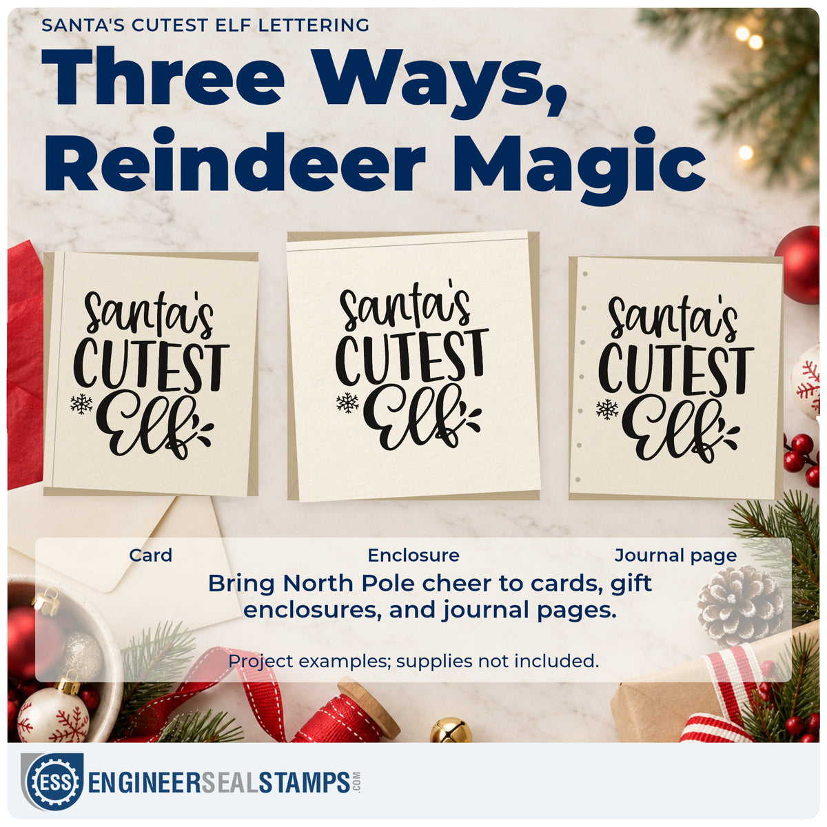 Three project examples made with the Santa's Cutest Elf Wood Handle Stamp, including scrapbook photo pages.