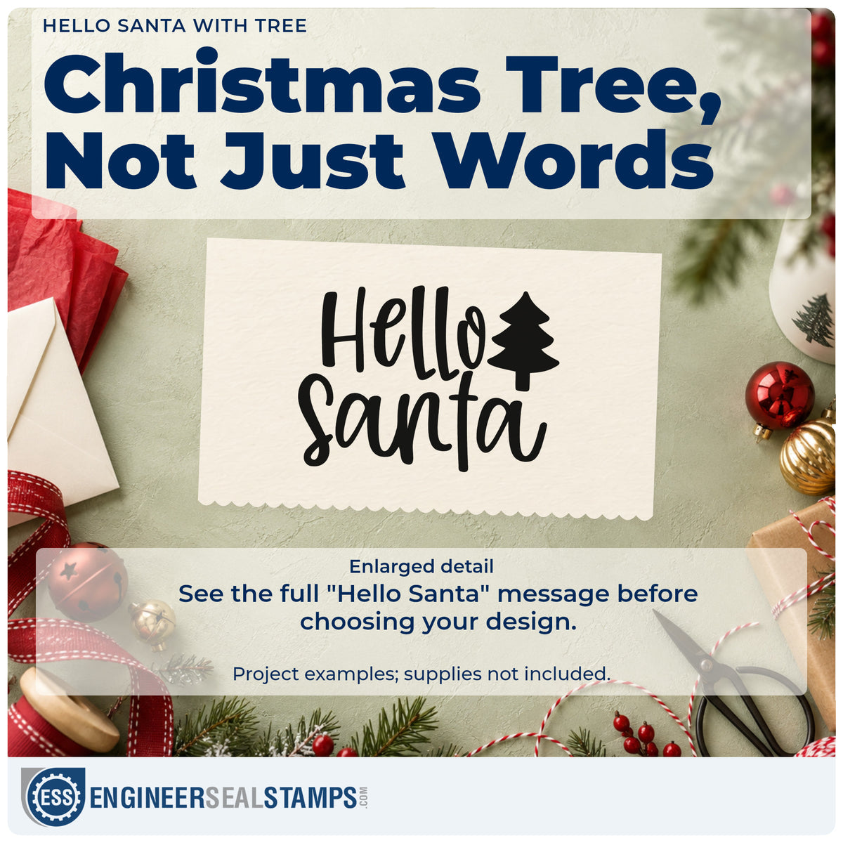 Enlarged detail of the Hello Santa With Tree Wood-Mounted Rubber Stamp imprint. The greeting "Hello Santa" appears beside a solid Christmas tree.