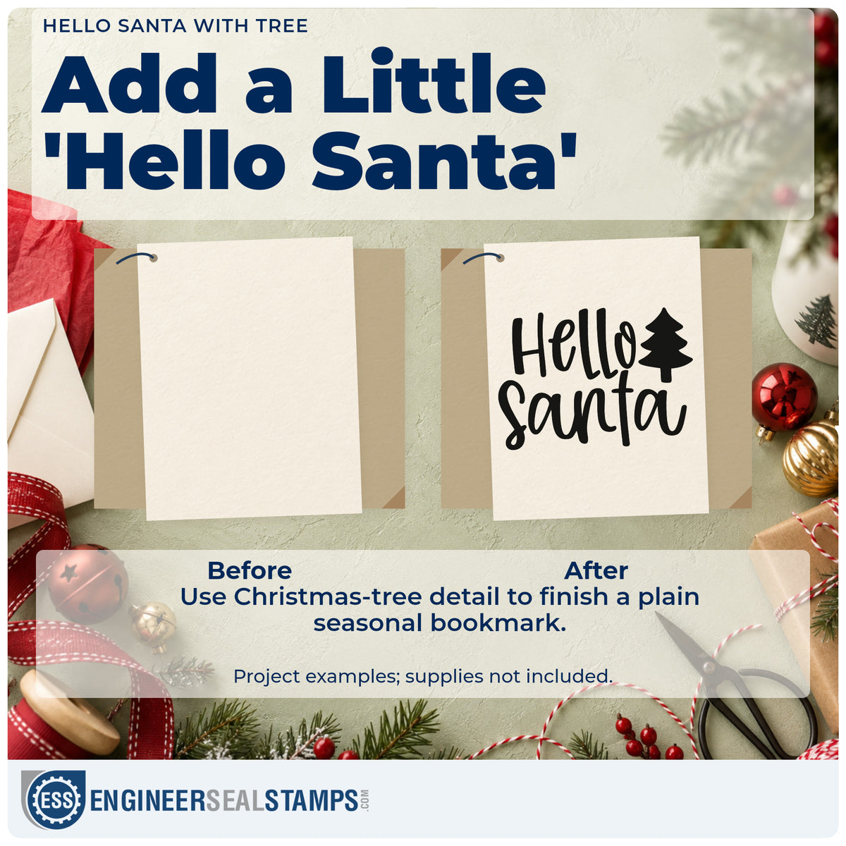 Before and after of a plain item finished with the Hello Santa With Tree Wood-Mounted Rubber Stamp, a quick upgrade for framed graphic print.