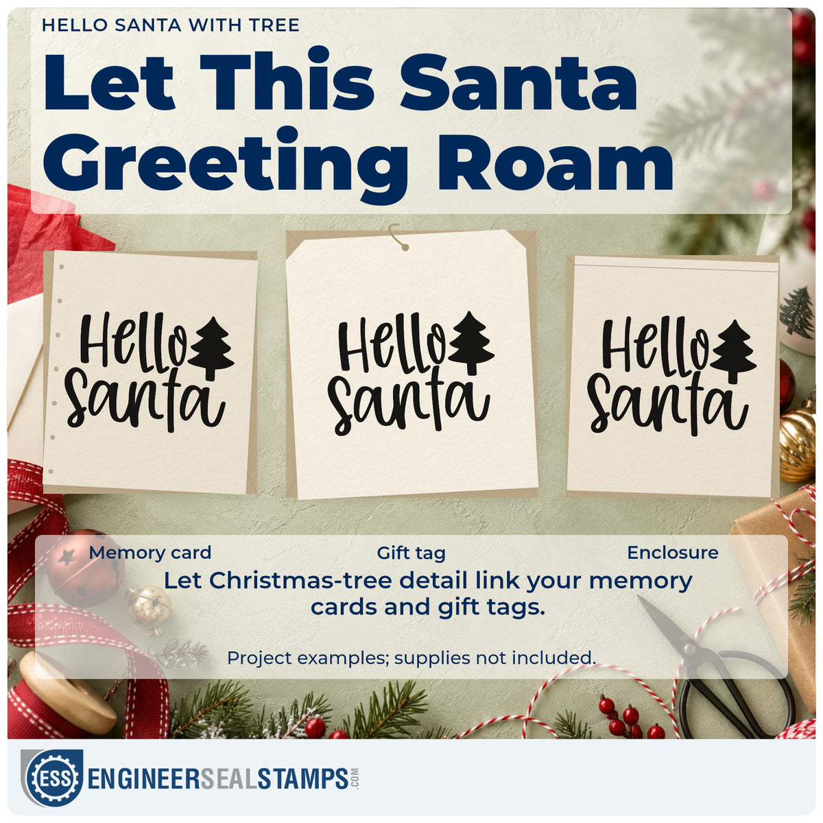 Three project examples made with the Hello Santa With Tree Wood-Mounted Rubber Stamp, including simple note sheet.