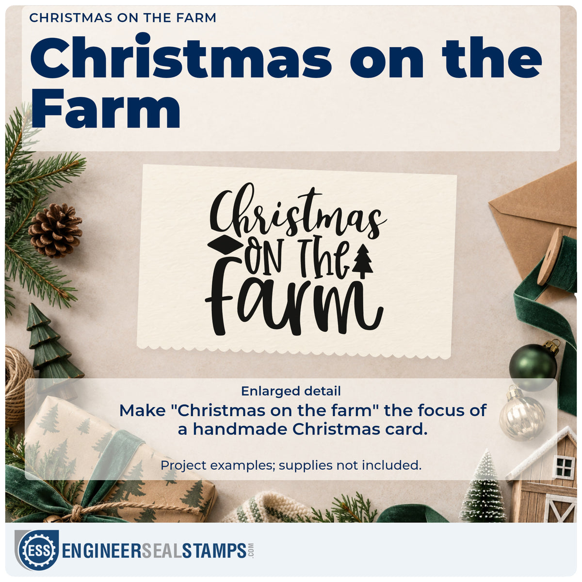 Enlarged detail of the Christmas On The Farm Tree Motif Pre-Inked Stamp – PSI imprint. The words "Christmas on the farm" appear with a small tree and diamond accents.