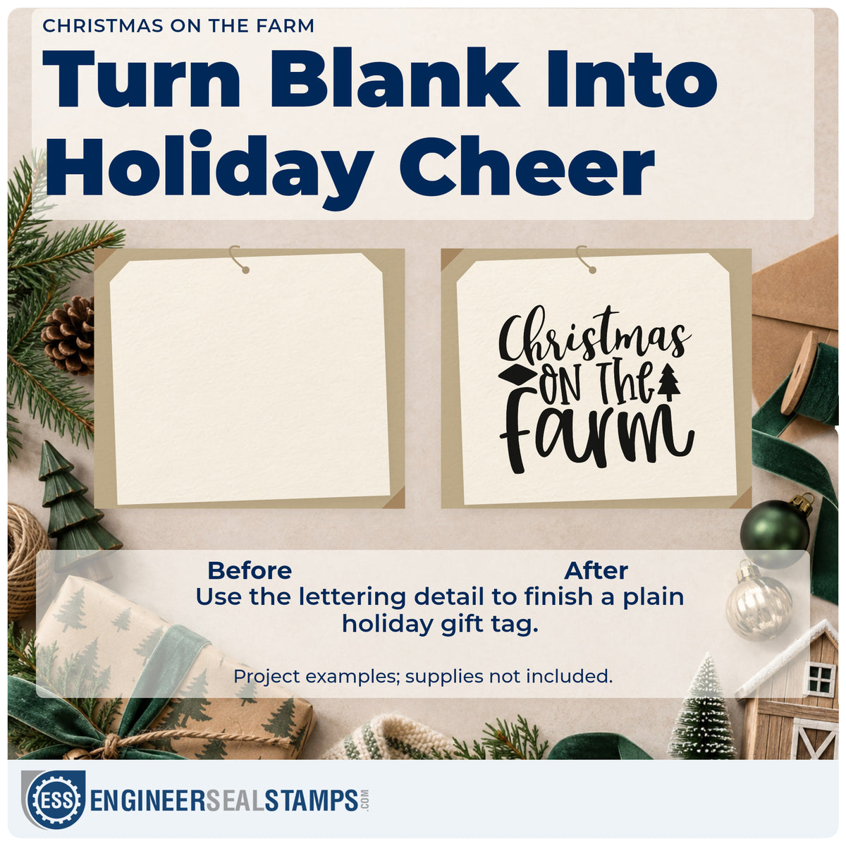 Before and after of a plain item finished with the Christmas On The Farm Tree Motif Stamp – Duo Hand, a quick upgrade for framed milk house.
