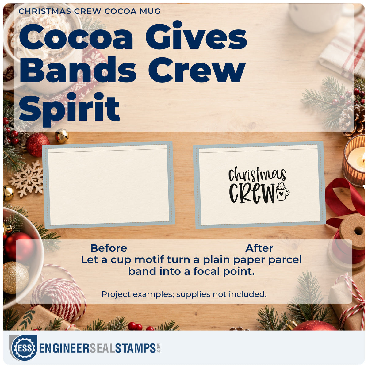 Before and after of a plain item finished with the Wood Handle Christmas Crew Cocoa Mug Rubber Stamp, a quick upgrade for framed living room.