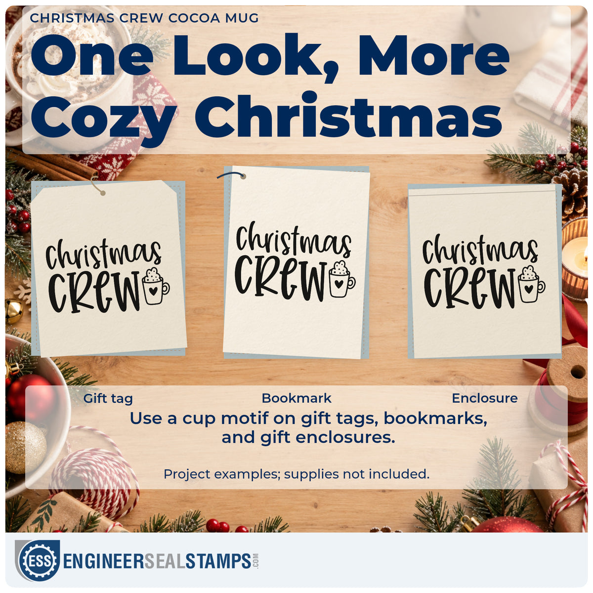Three project examples made with the Wood Handle Christmas Crew Cocoa Mug Rubber Stamp, including hangout plan sheet.