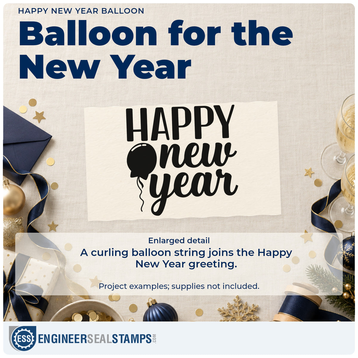 Enlarged detail of the Happy New Year Balloon Stamp – PSI Pre-Inked imprint. The greeting "Happy new year" includes a balloon with a curling string.