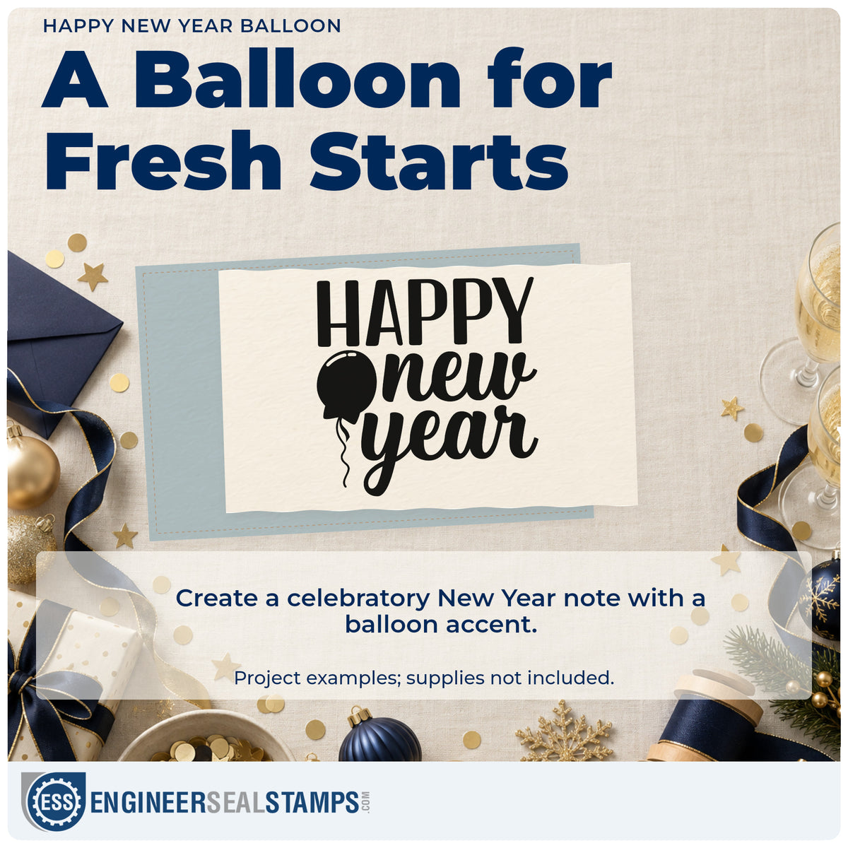 A finished handmade project stamped with the Happy New Year Balloon Stamp – PSI Pre-Inked, ideal for countdown invitations.