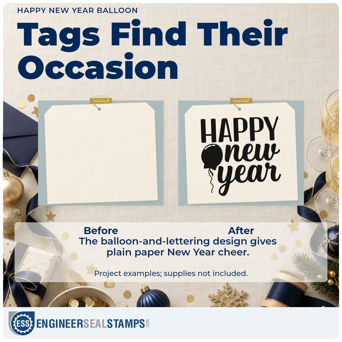 Before and after of a plain item finished with the Happy New Year Balloon Wood Handle Stamp, a quick upgrade for kids' countdown crafts.