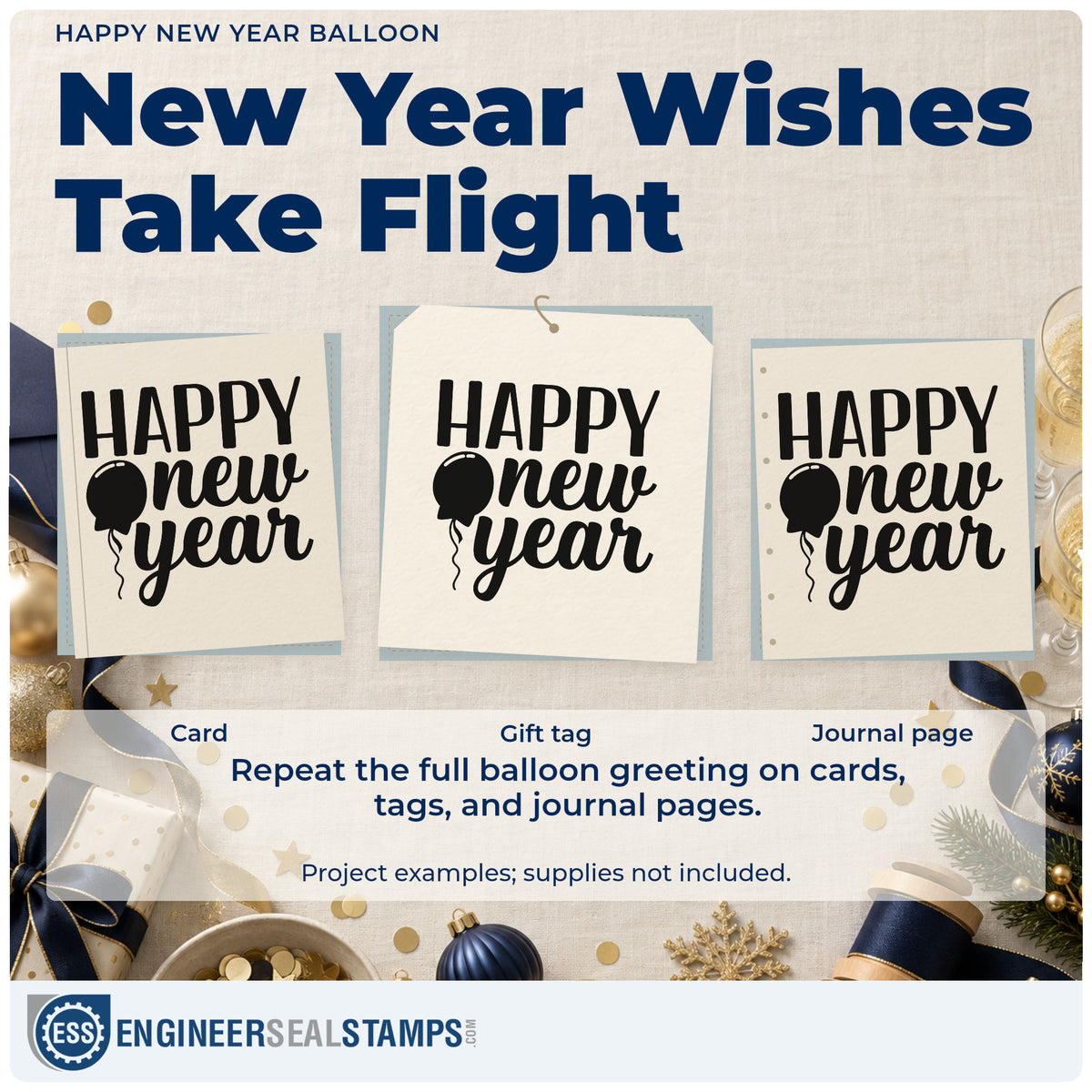 Three project examples made with the Happy New Year Balloon Stamp – PSI Pre-Inked, including album opening pages.