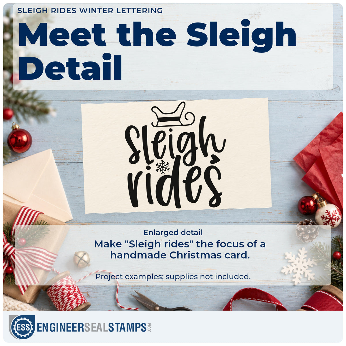 Enlarged detail of the Sleigh Rides Winter Lettering Stamp – Slim Pre-Inked imprint. The words "Sleigh rides" appear beneath a sleigh with a snowflake accent.