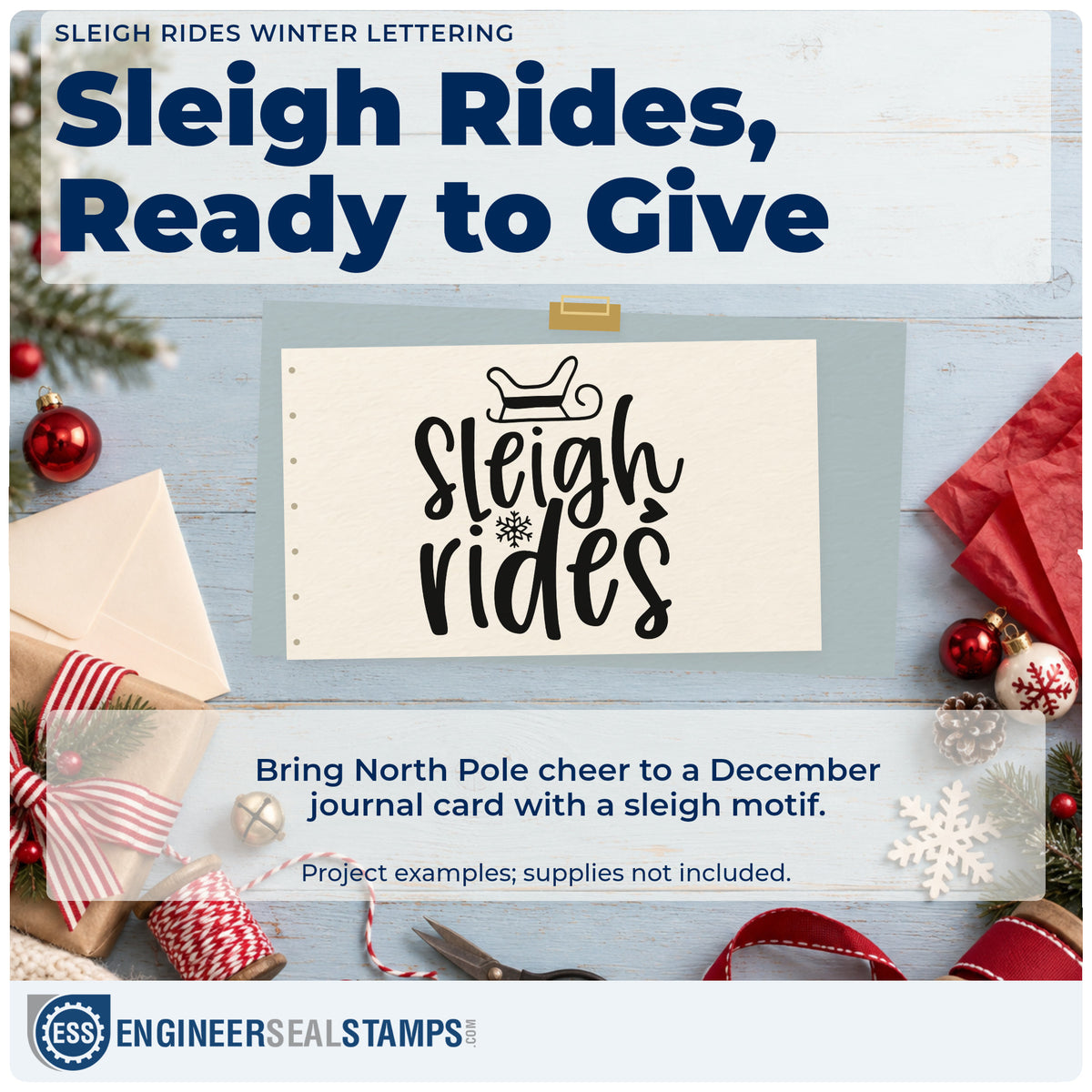 A finished handmade project stamped with the Sleigh Rides Winter Lettering Hand Stamp – Duo, ideal for guide log album page.