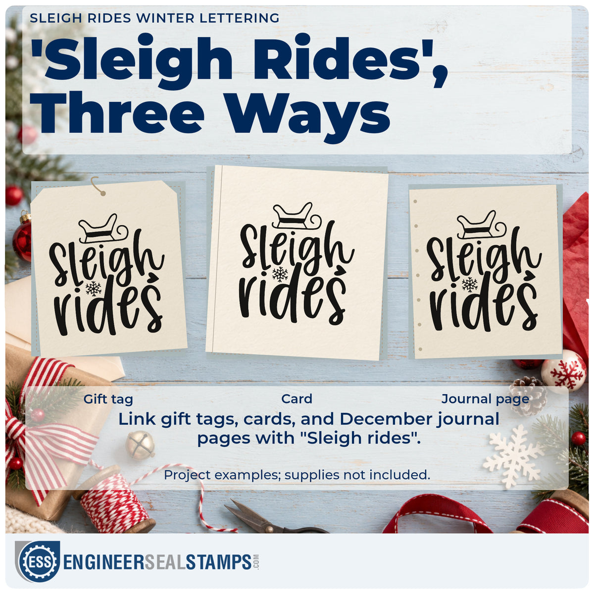 Three project examples made with the Sleigh Rides Winter Lettering Hand Stamp – Duo, including trail report sheet.