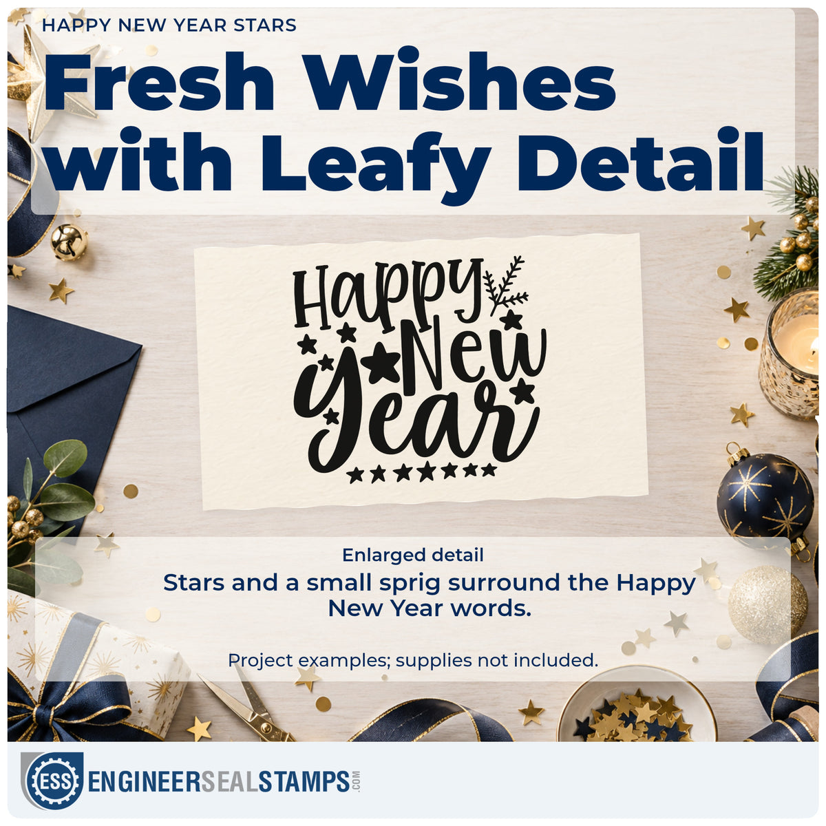 Enlarged detail of the Happy New Year Botanical Sprig Rubber Stamp – Duo Hand imprint. The words "Happy new year" are surrounded by stars and a small leafy sprig.