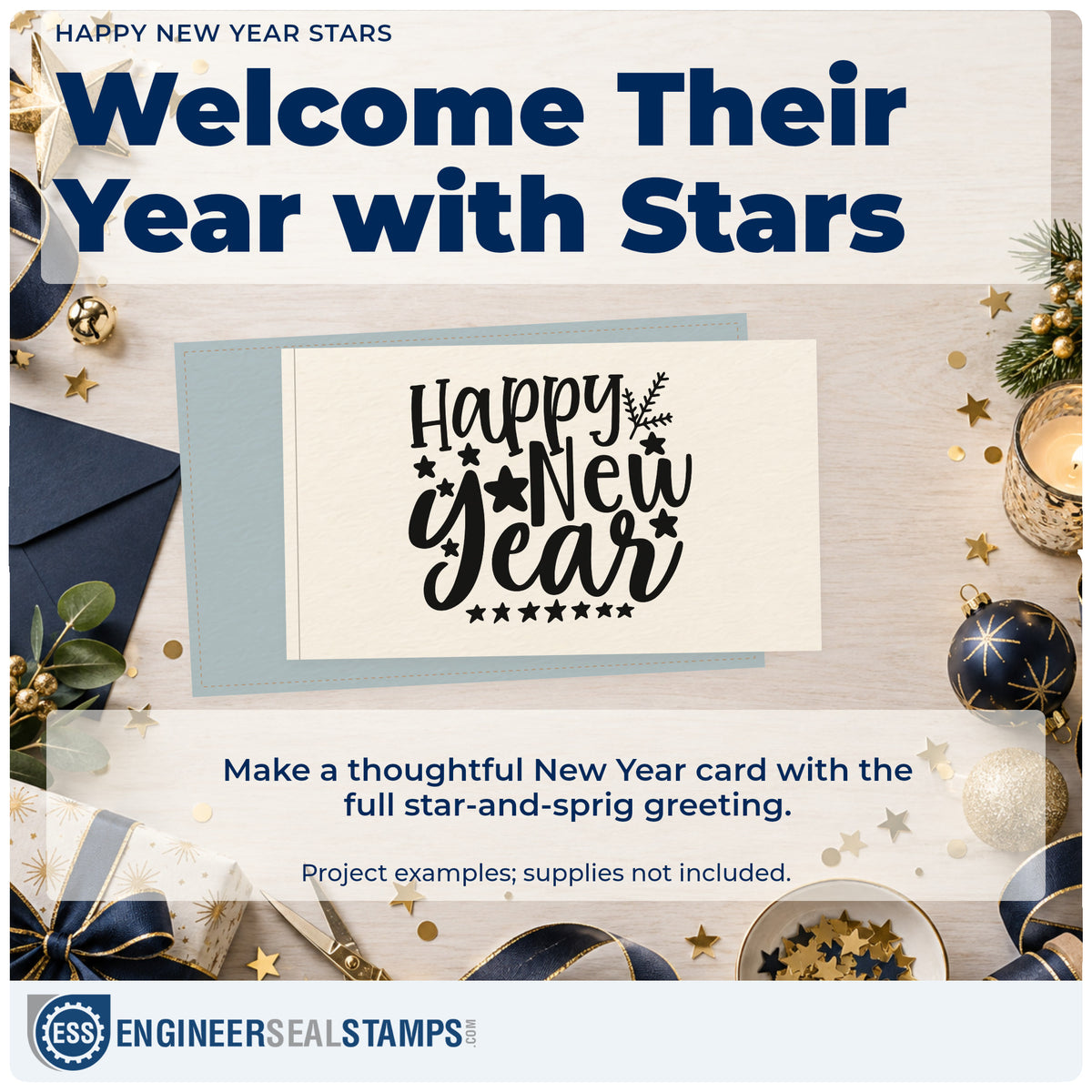 A finished handmade project stamped with the Happy New Year Botanical Sprig Pre-Inked Stamp – PSI, ideal for january album page.