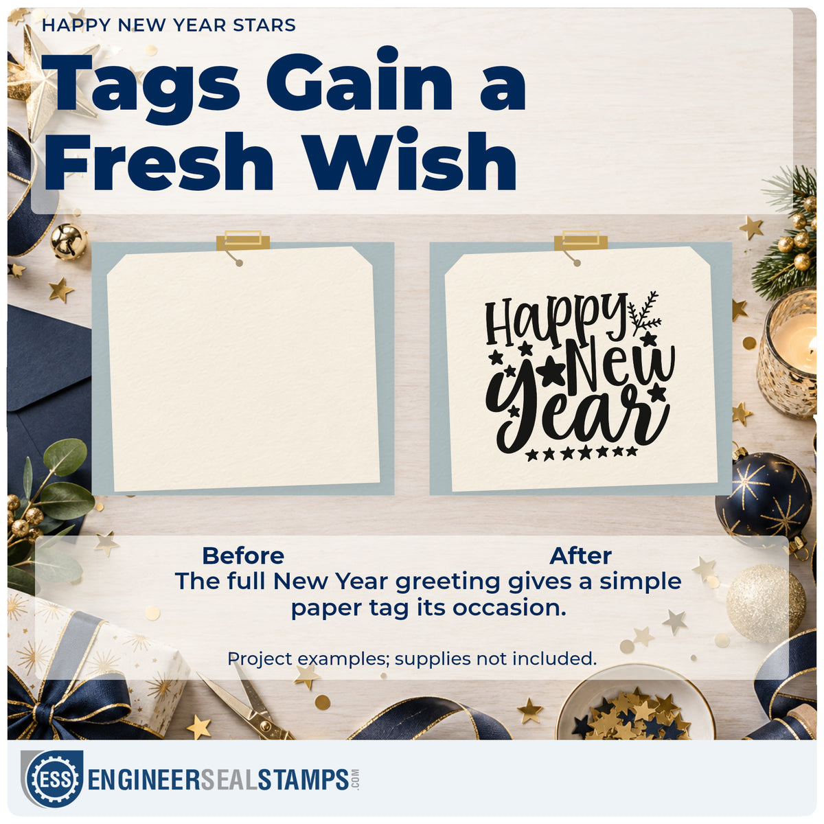 Before and after of a plain item finished with the Happy New Year Botanical Sprig Rubber Stamp – Duo Hand, a quick upgrade for framed office desk.