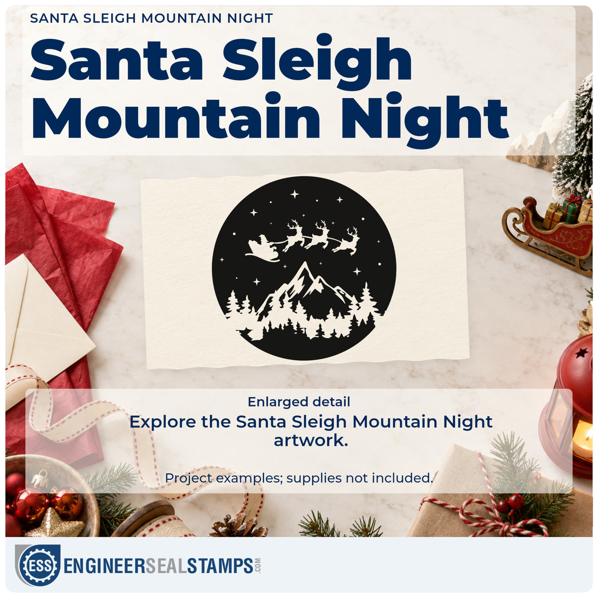 Enlarged detail of the Pre-Inked Santa Reindeer Mountain Night Stamp – PSI imprint. Santa and reindeer fly above mountains and pine trees inside a starry circular night scene.