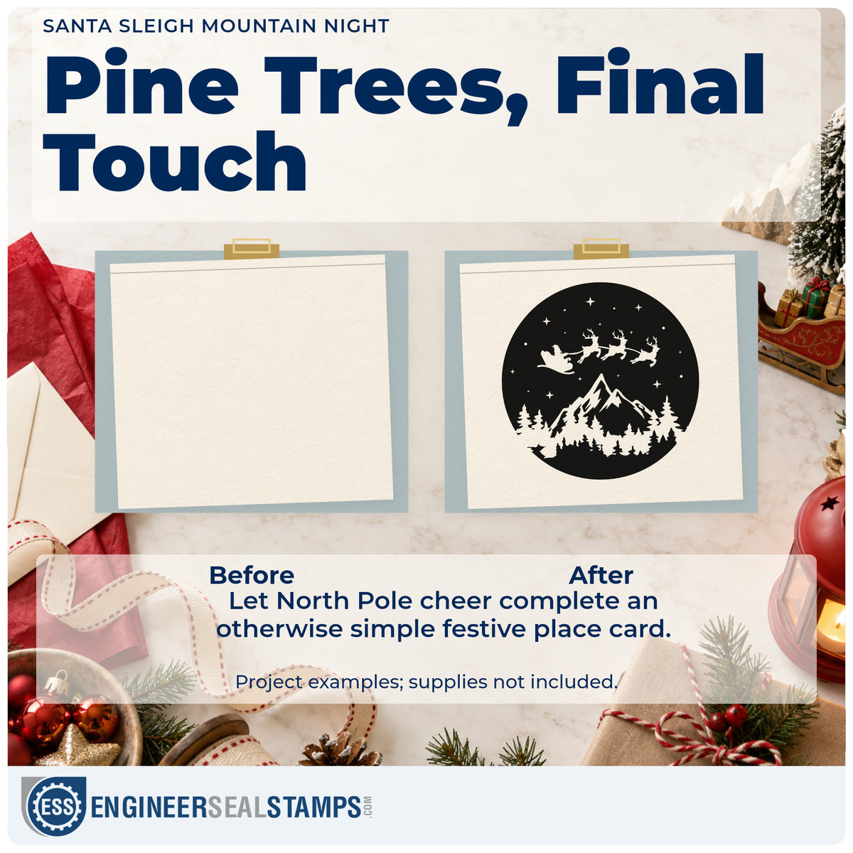 Before and after of a plain item finished with the Pre-Inked Santa Reindeer Mountain Night Stamp – PSI, a quick upgrade for framed porthole mat.