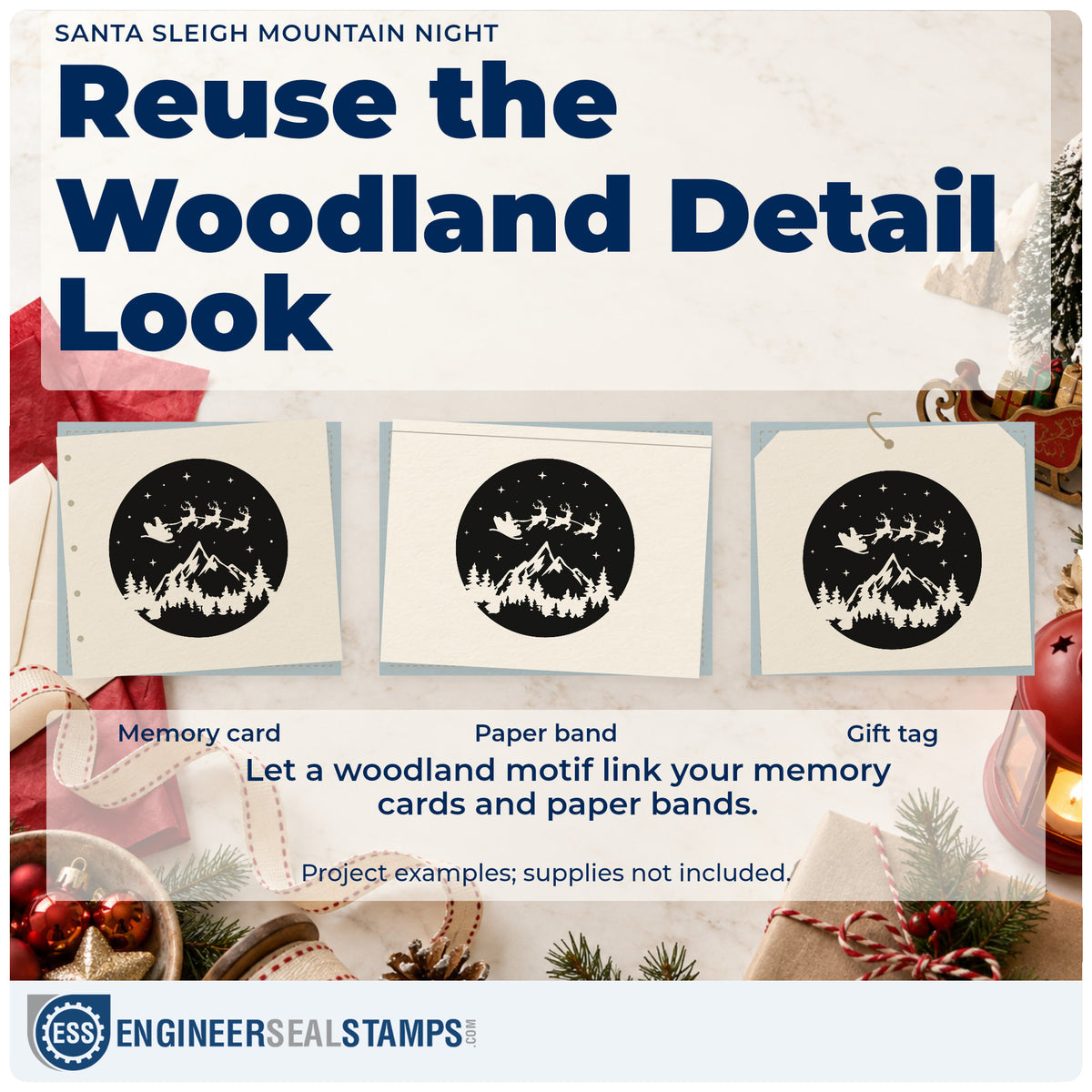 Three project examples made with the Santa Reindeer Mountain Night Craft Stamp – Self-Inking, including star log sheet.