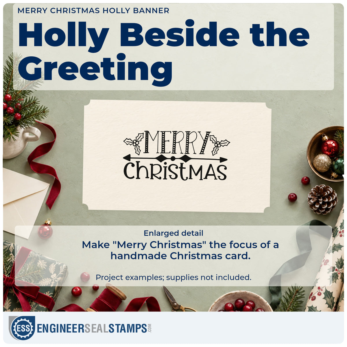 Enlarged detail of the Merry Christmas Holly Banner Lettering Stamp – Wood Handle imprint. The words "Merry Christmas" are separated by a diamond line and flanked by holly.