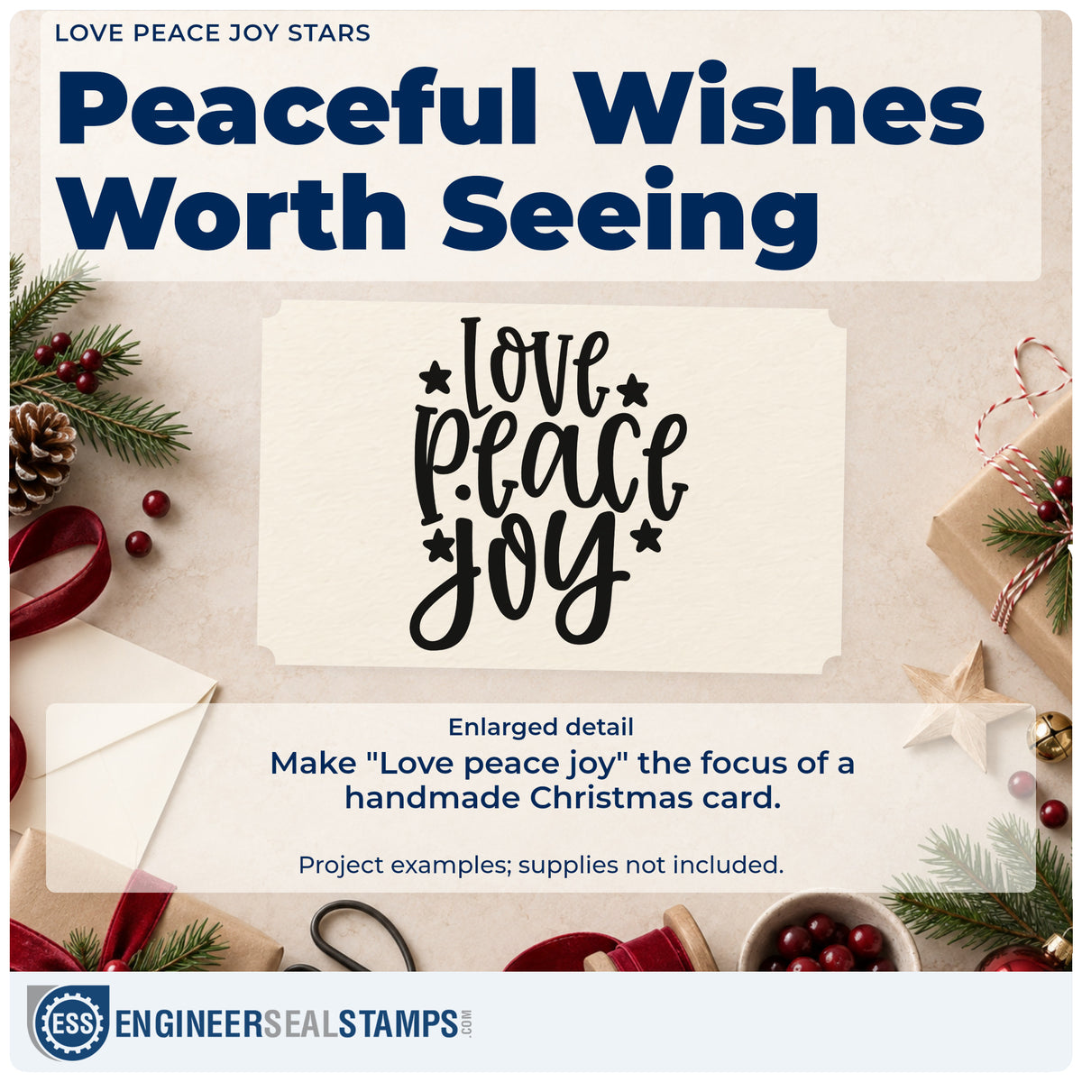 Enlarged detail of the Love Peace Joy Stars Slim Pre-Inked Stamp imprint. The words "Love peace joy" stack vertically among solid stars.