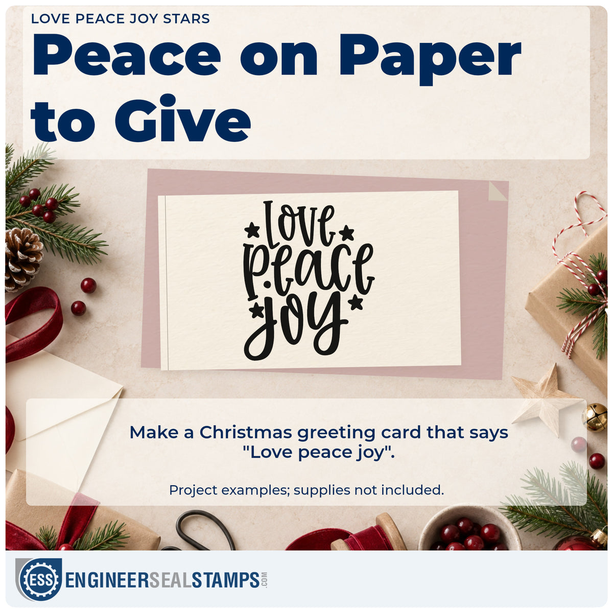 A finished handmade project stamped with the Love Peace Joy Stars Rubber Stamp – Wood Handle, ideal for column album panel.